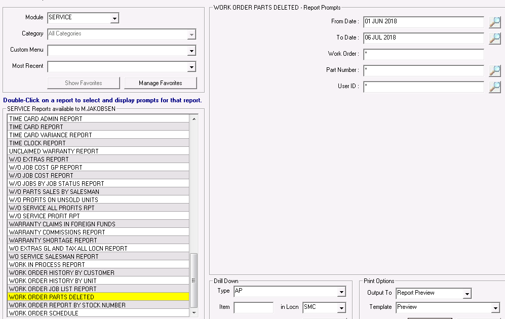 Work Order Parts Deleted Report